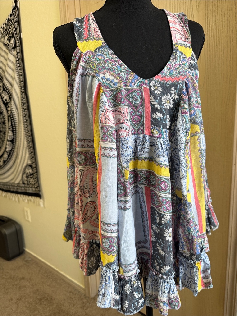 Patchwork Floral Paisley Ruffle Tunic - Multicolor